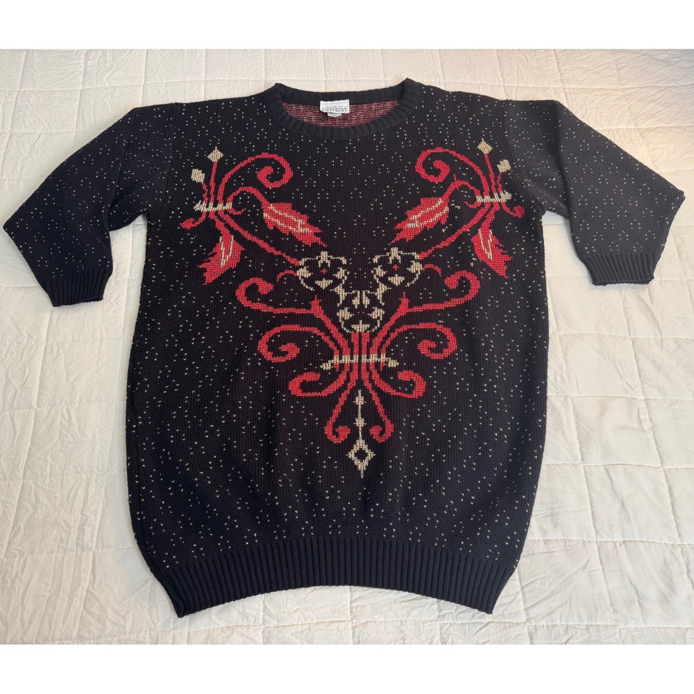 Vintage Distinctly Different Sweater‎ 22W Black Red Gold Knit Acrylic Christmas